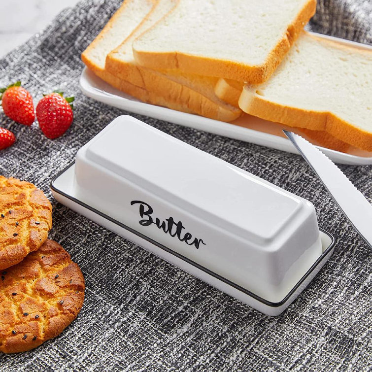 Latitude Run® Farmhouse Butter Dish With Lid For Countertop White Ceramic Butter Keeper For